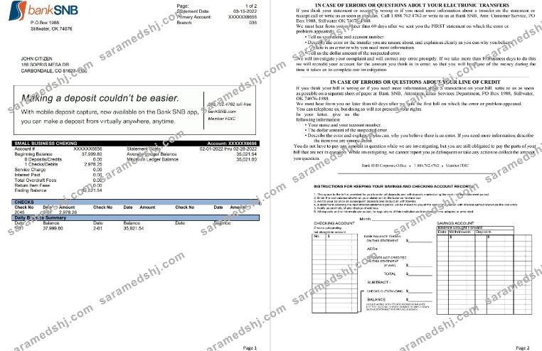USA Oklahoma SNB bank statement 2 pages